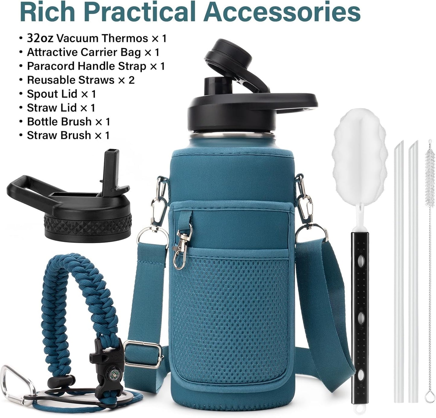 Insulated Water Bottle | Thickened Stainless Steel Vacuum Metal | Portable Sports Water Jug for Gym and Hiking with Straw, Carrier Bag, Handle Strap | BPA-Free 32 oz