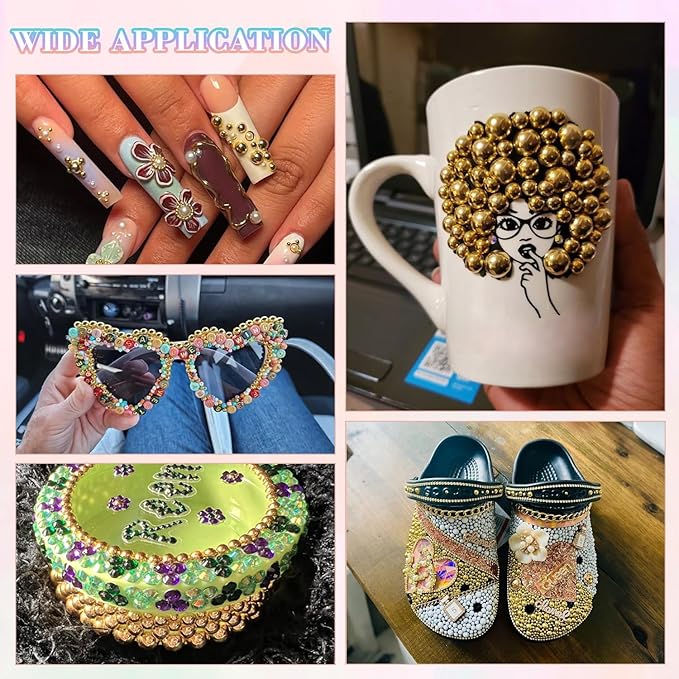 13500Pcs Flatback Pearls for Bedazzling (Gold) with B7000 Jewelry Glue, Assorted Size 2/3/4/5/6/8/10mm Half Pearl, Bedazzling Gems for Crafting Clothing Tumbler Shoes Embellishment Nail Art