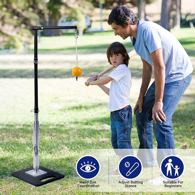 3-In-1 Baseball Softball Batting Tee,5 Hitting Modes To Choose,Auto Reset Baseball Swing Trainner With Tethered Ball,Handrolled Rubber Top,Weighted Base,Height Adjustable Hitting Tee For All Players