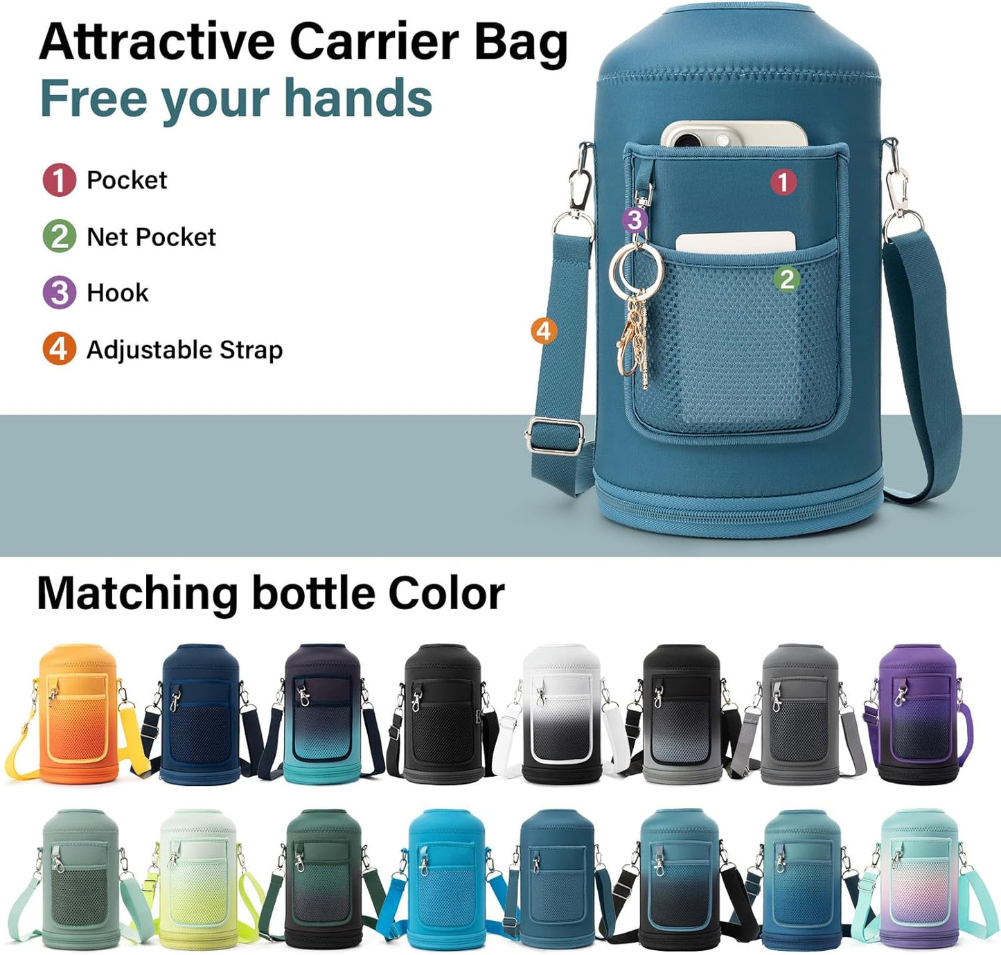 1 Gallon Water Bottle Insulated | Thickened Stainless Steel Vacuum Metal Water Jug | Portable Sports Large for Gym and Hiking with Straw, Carrier Bag, Handle Strap | BPA-Free 128 oz