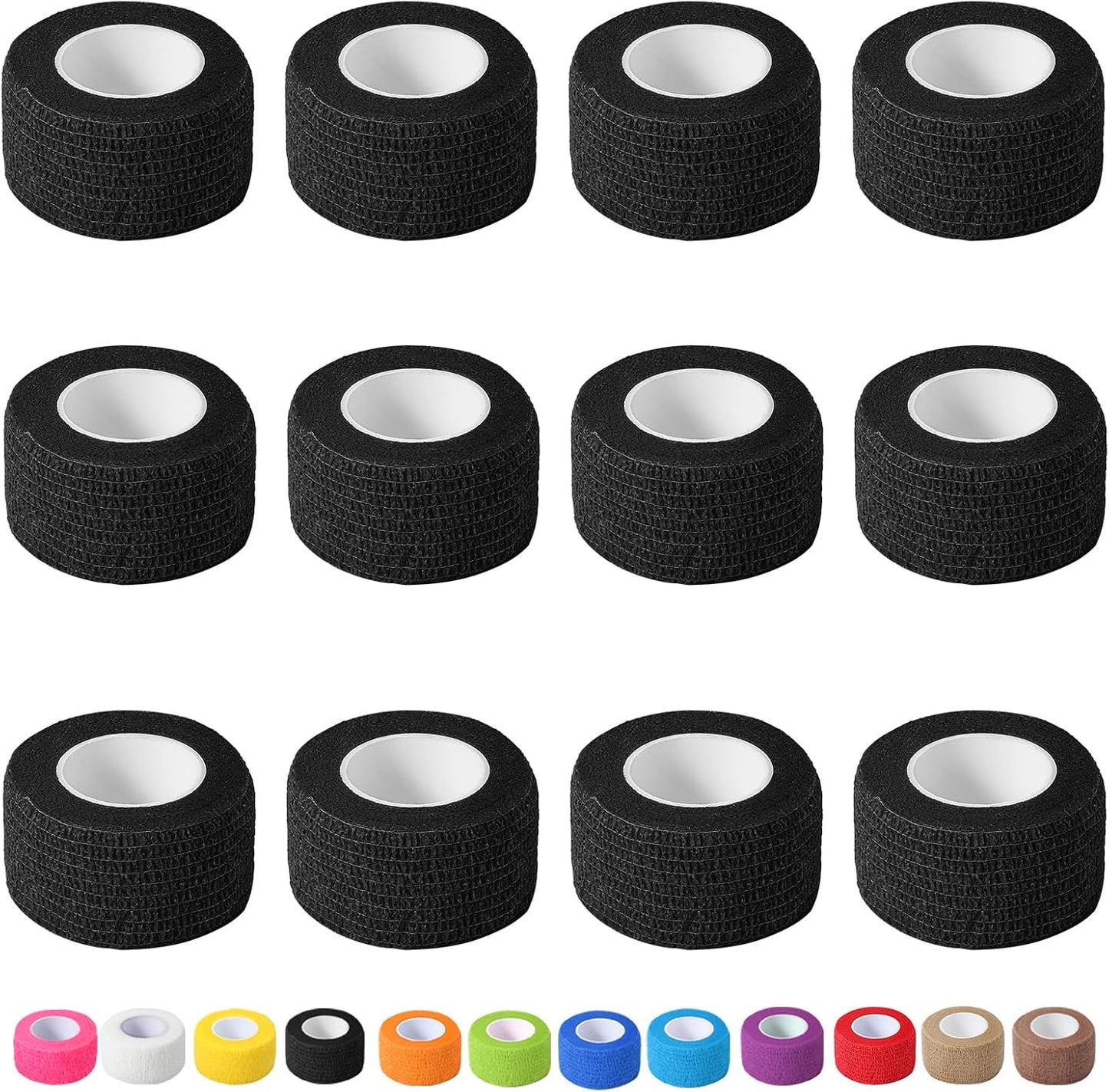 12 Pack Self Adhesive Bandage Wrap, 1 in x 5 Yards Non-Woven Self Adherent Cohesive Bandage, Vet Wrap Wound Tape for Thumb Finger Wrist Knee Ankle, Black