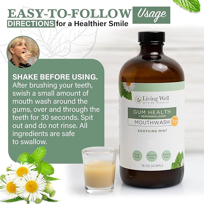 Living Well with Dr. Michelle Remineralizing + Gum Health Mouthwash – Soothing Mint | Hydroxyapatite, Colloidal Silver | Alcohol-Free, Fluoride-Free, Fresh Breath Support