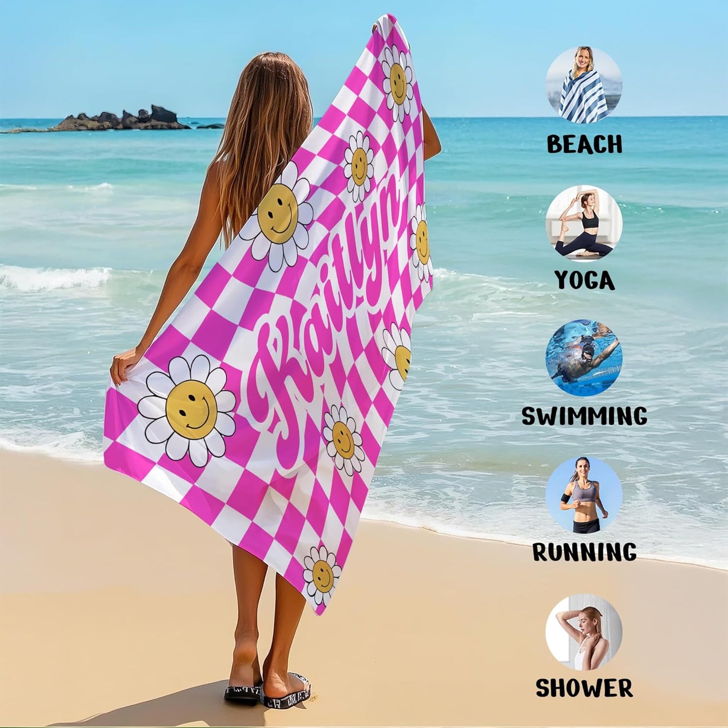 JML Personalized Beach Towel with Name, Custom Flower Beach Towel, Customized Microfiber Pool Towel, Quick Dry & Absorbent Swim Towel for Adult,Anniversary, Birthday, Summer Holiday,Vacation