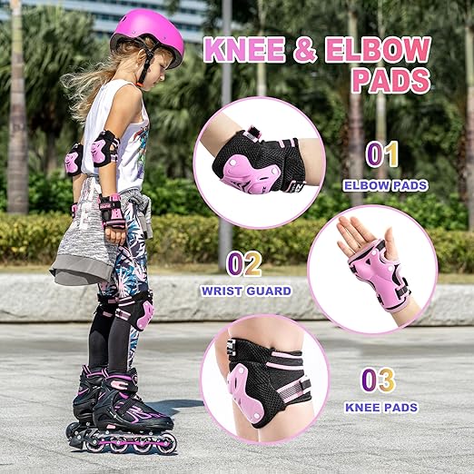 Knee Pads for Kids, Wrist Guards Knee and Elbow Pads Set with Drawstring Bag, Protective Gear Set for Girls Boys Roller Skating Cycling Skateboard - Pink Medium