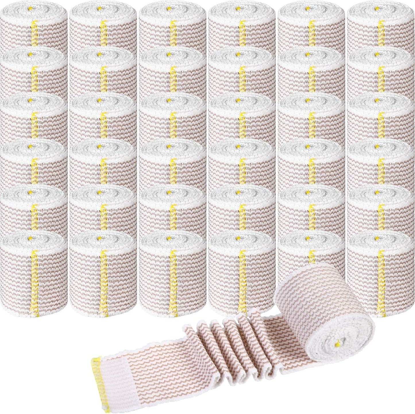 LEIFIDE 36 Pack Compression Bandage Wrap with Self Closure on Both Ends Elastic Bandage for Legs, Knees, Ankles, Wrists, Elbows, Shoulders, Athletic Stretchable Wrap(2 Inch,Yellow Trim)