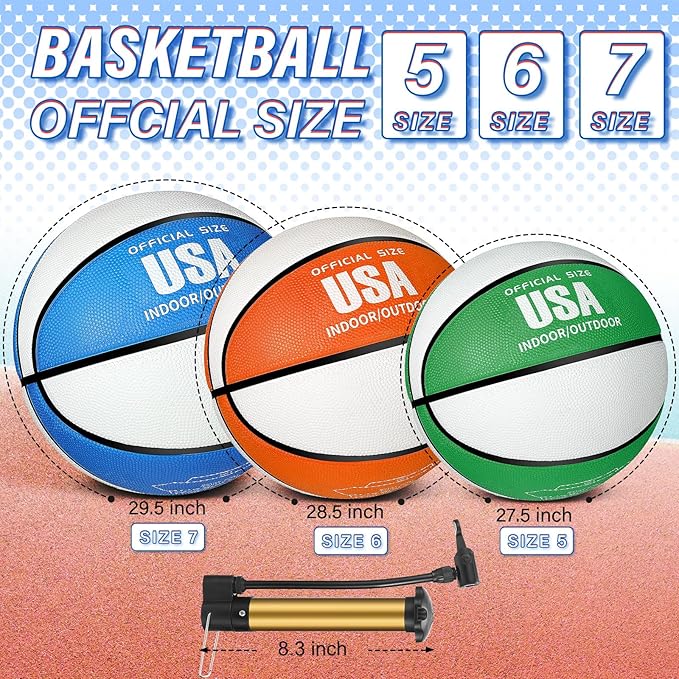 Libima 6 Pcs Official Basketball Indoor Outdoor 2 Color Printed Rubber Basketball with Pump for Game Practice Training Kids Adults Back to School