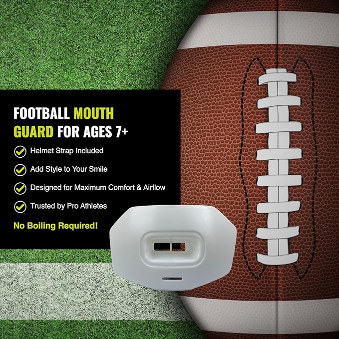 DAMAGE CONTROL Youth Football Mouth Guard – Breathable No Boil Mouthpiece, Protects Lips & Teeth, Works with Braces, Includes Helmet Strap – Sports Gear & Accessories (White)