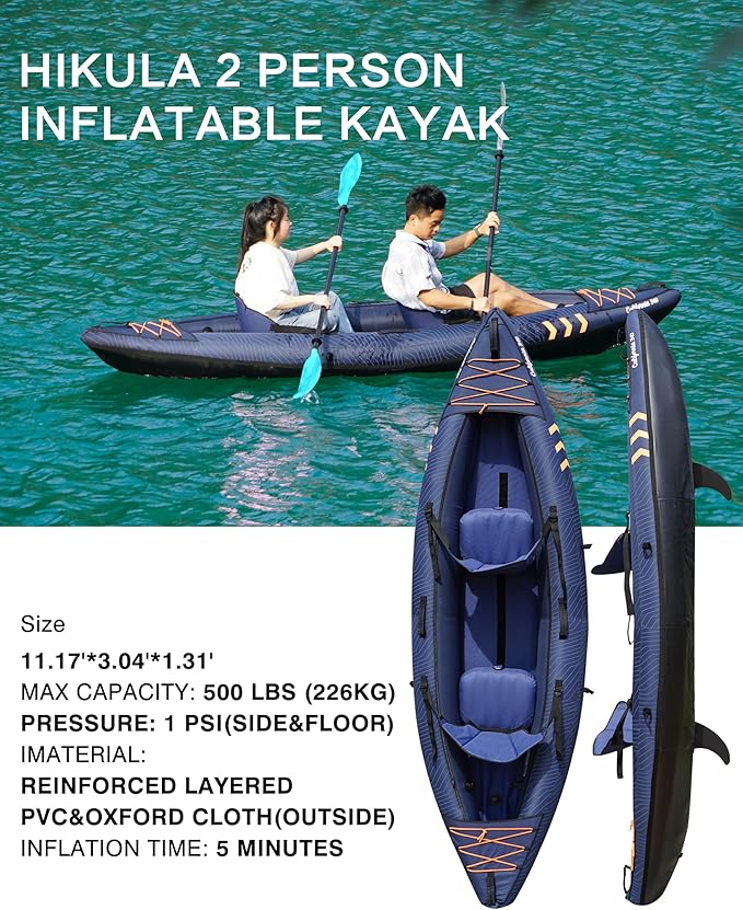 Inflatable Kayak 2 Person, Tandem Kayak, Foldable Kayaks for Adults, with Kayak Fin, 2 Aluminum Paddles, 2 Padded Seats, Hand Pump and Travel Backpack