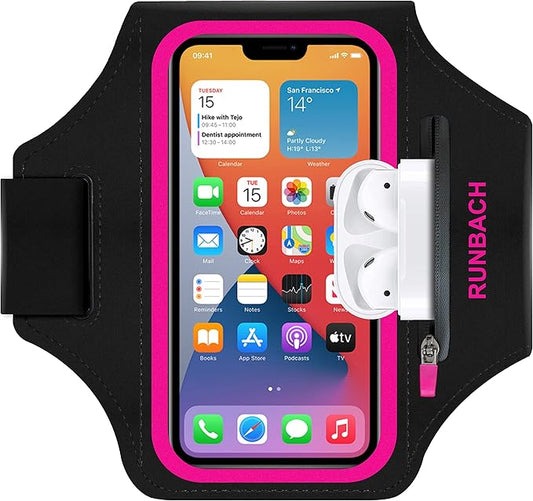 Armband for iPhone 16 Pro Max/16 Plus/15 Pro Max/15 Plus/14 Pro Max/13,12,11,Pro Max/Plus Models,Sport Armband with Zipper Slot for Airpods and Keys (Pink)