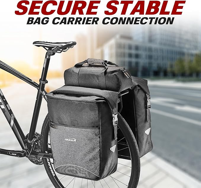 Ibera Bike Bag MIK Panniers 52.7L for Ebikes - Clip-On bike Bags For Bicycles with Built-in Battery Holder & Rain Cover - Water-Resistant Bike Rack Bag with Reflective Trim - ONLY FOR MIK RACKS