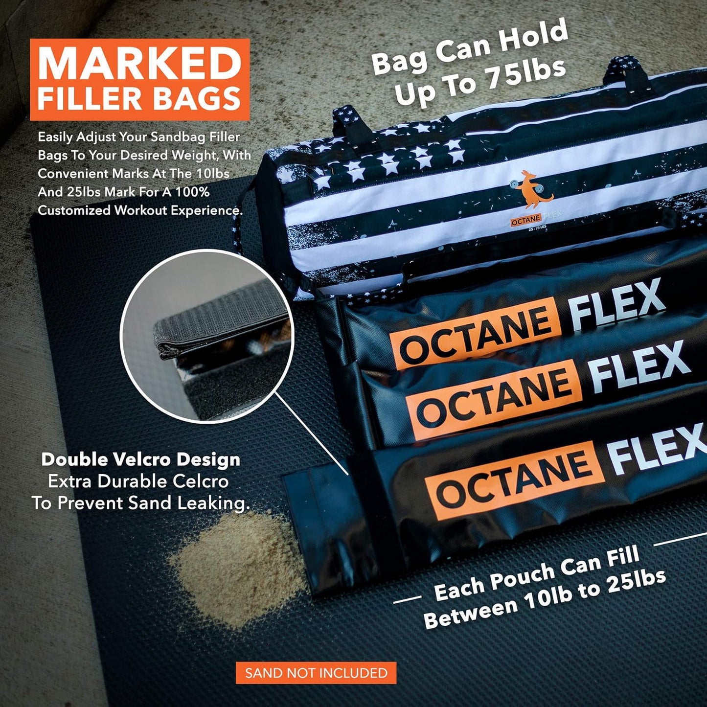 Adjustable Sandbags for Fitness 75lb - Home Workout Sandbag Set with 3 x Filler Bags and Exercise Poster - Training Weighted Sand Bag Equipment with Handles for Gym & Crossfit USA (75)