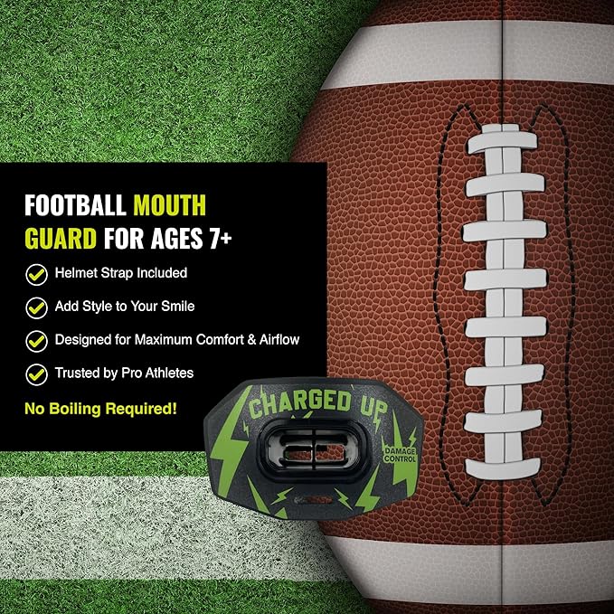 DAMAGE CONTROL Youth Football Mouth Guard – Breathable No Boil Mouthpiece, Protects Lips & Teeth, Works with Braces, Includes Helmet Strap – Sports Gear & Accessories (Charged Up)