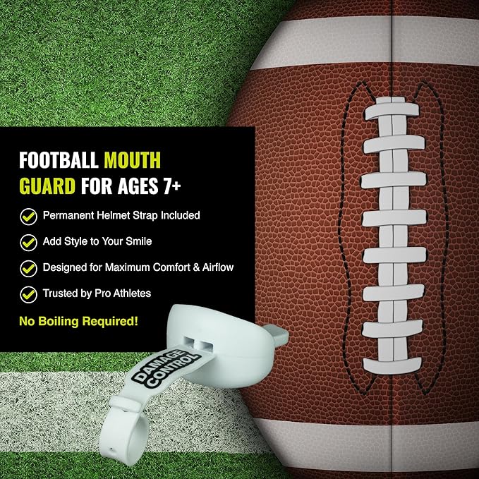 DAMAGE CONTROL Mouthguard with Permanent Helmet Strap, Youth Mouth Guard to Protect Lips & Teeth, No Boiling Pacifier, Breathable Binky Mouthpiece, Football Mouthpiece, Works with Braces (White)