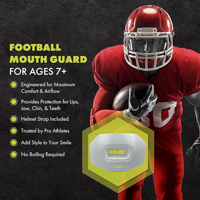 DAMAGE CONTROL Youth Football Mouth Guard – Breathable No Boil Mouthpiece, Protects Lips & Teeth, Works with Braces, Includes Helmet Strap – Sports Gear & Accessories (White)