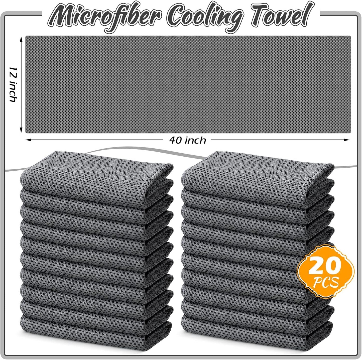 20 Pcs Cooling Towel 40" x 12" Ice Towel for Neck and Face Microfiber Chilly with Bag Breathable Yoga Gym Stay Cool Towels Sweat Rag for Workout Running Camping Pilates Beach Accessories (Dark Gray)
