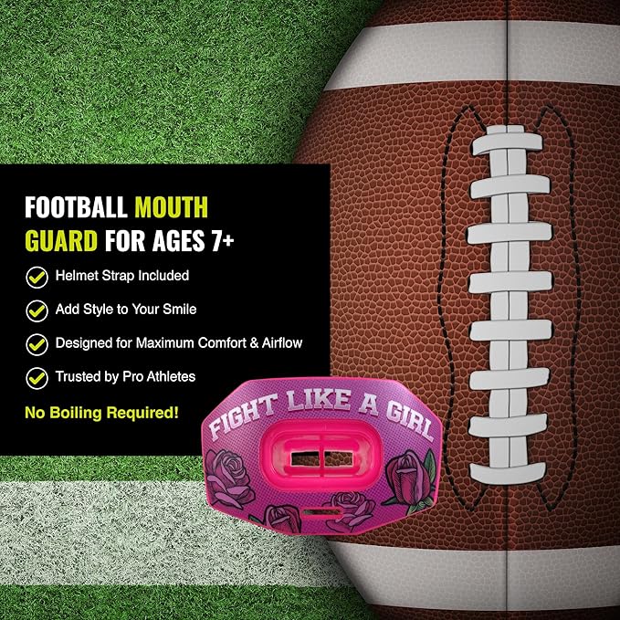 DAMAGE CONTROL Youth Football Mouth Guard – Breathable No Boil Mouthpiece, Protects Lips & Teeth, Works with Braces, Includes Helmet Strap – Sports Gear & Accessories (Fight Like Girl)