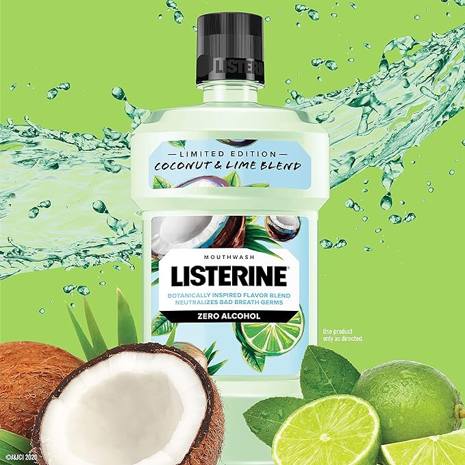 Listerine Coconut & Lime Alcohol Free Mouthwash, Oral Rinse Kills up to 99% of Bad Breath Germs, Limited Edition Coconut Lime Flavor, 500 mL