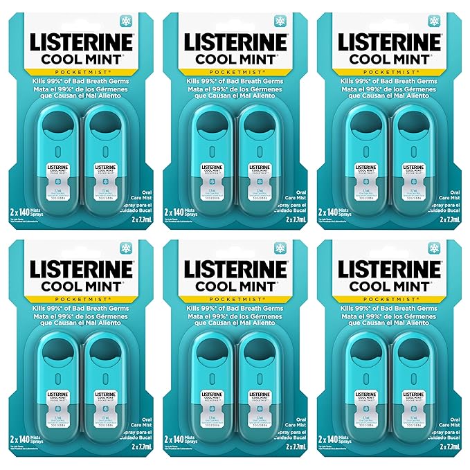 Listerine Cool Mint Pocketmist, Oral Care Mist for Fresh Breath, Non-Aerosol Sugar-Free Bad Breath Refresher Spray to Kill 99% of Bad Breath Germs, Portable, Cool Mint Flavor, 7.7 mL, 12 Sprays