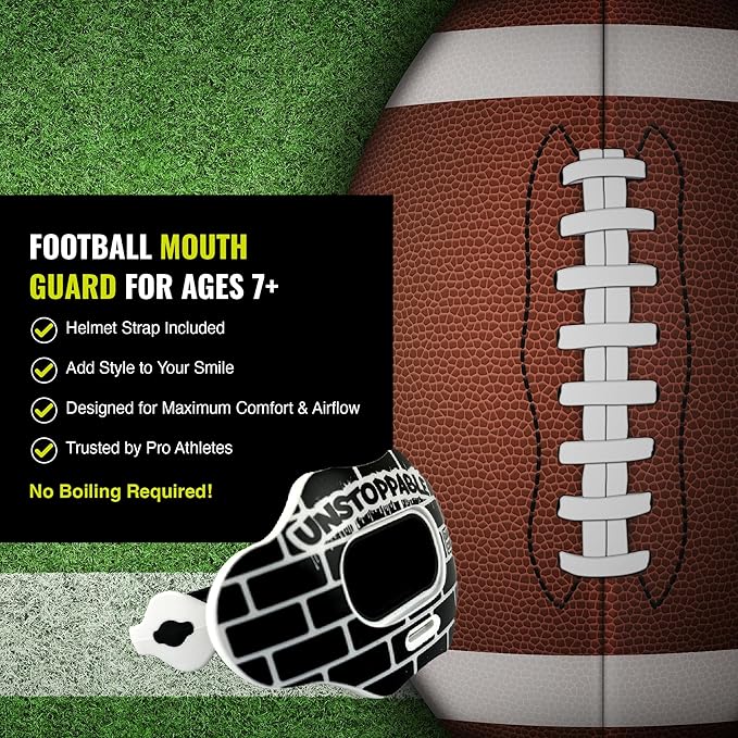 DAMAGE CONTROL Youth Football Mouth Guard – Breathable No Boil Mouthpiece, Protects Lips & Teeth, Works with Braces, Includes Helmet Strap – Sports Gear & Accessories (Unstoppable)