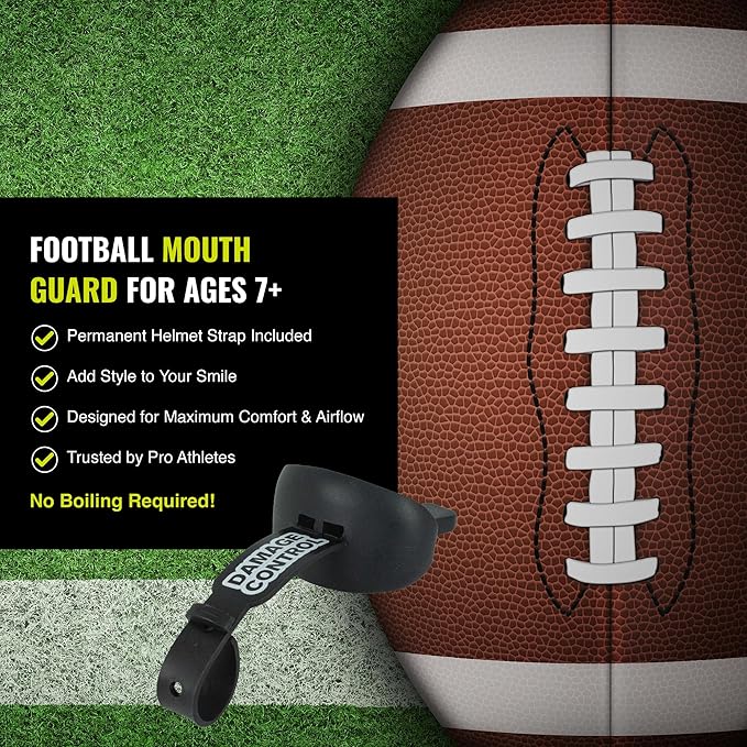 DAMAGE CONTROL Mouthguard with Permanent Helmet Strap, Youth Mouth Guard to Protect Lips & Teeth, No Boiling Pacifier, Breathable Binky Mouthpiece, Football Mouthpiece, Works with Braces (Black)