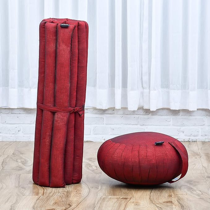 Leewadee Meditation Cushion Set – 1 Round Zafu Meditation Pillow and 1 Square Roll-Up Zabuton Meditation Mat, Pillows Bundle Filled with Kapok