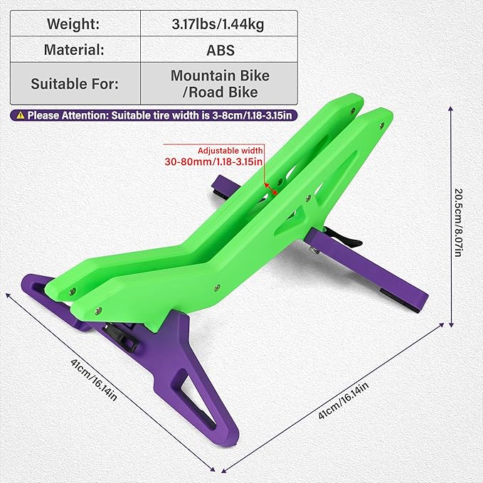 Adjustable Bike Parking Stand Fits 16-29 Inch Bicycles, Compatible with 23c-3.0 Tire Width – Heavy-Duty Plastic, Easy Installation, Stylish Two-Tone Design (Green&Purple)