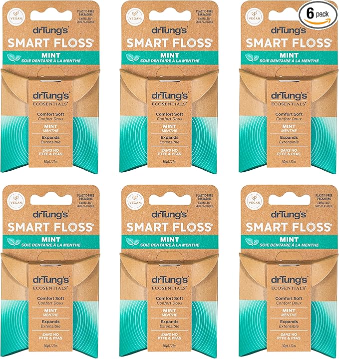 drTung's Smart Floss Mint for Teeth - Natural Expanding Dental Floss, Gentle on Tooth & Gums, Expands & Glides, PTFE & PFAS Free, Certified Organic Mint Essential Oils - Pack of 6