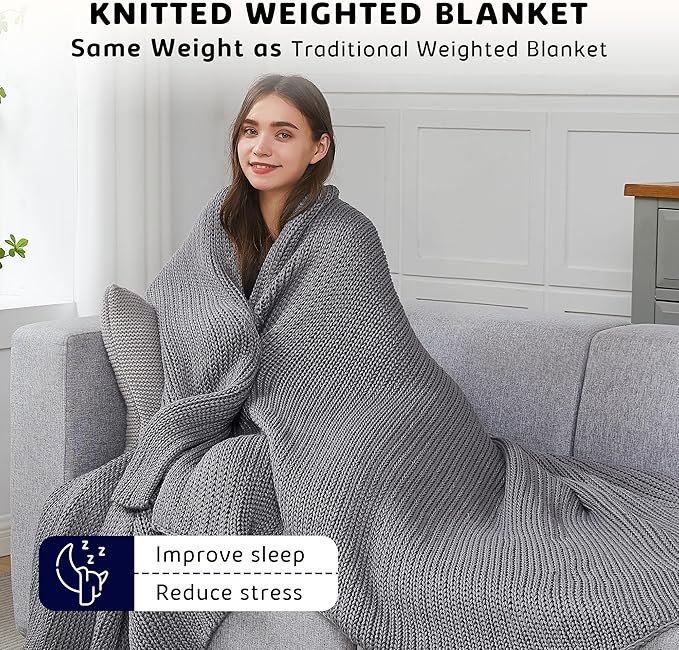 L'AGRATY Knitted Weighted Blanket - 48"x72" 12lbs Cooling Chunky Knit Heavy Blanket for Adults Braided Crochet Throw Thick Cable Yarn Knit Decorative No Beads Evenly Weighted Machine Washable
