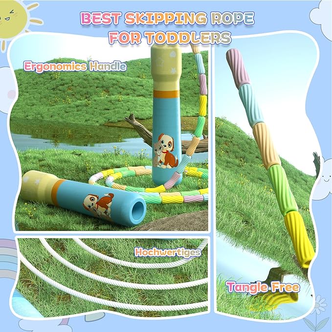 JGM Beaded Jump Rope for Kids – Adjustable Toddler Skipping Rope with Cartoon WOODEN Handle for Outdoor Activity Party Favors School Games 7.7 Feet