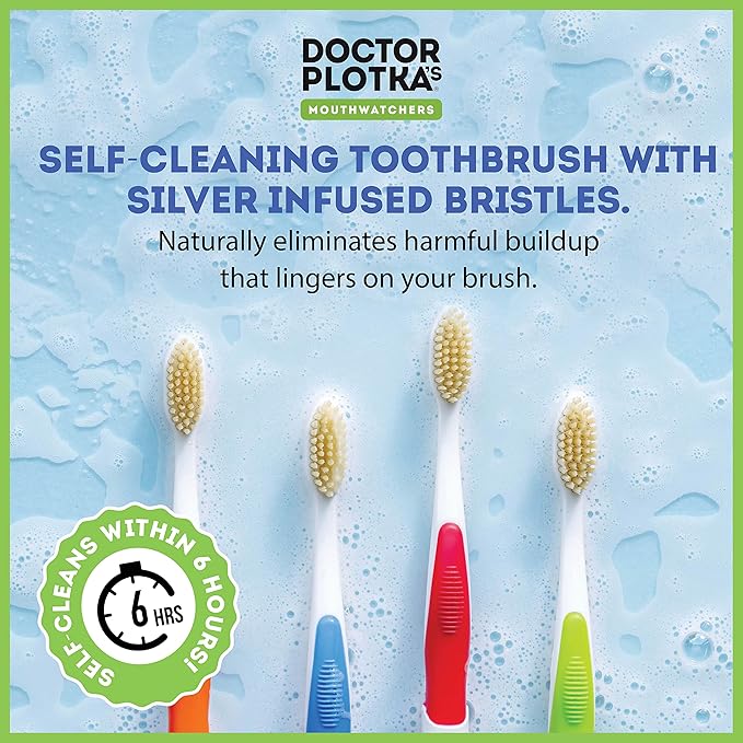 MOUTHWATCHERS Soft Childrens Flossing Manual Toothbrush, Value Pack of 4, Pink Toothbrushes for Kids & Teens, Ultra Clean, by Dr. Plotka's