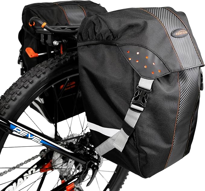 Ibera Bicycle Bag PakRak Clip-On Quick-Release All Weather Bike Panniers (Pair), Includes Rain Cover , Black