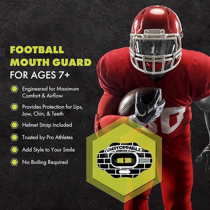 DAMAGE CONTROL Youth Football Mouth Guard – Breathable No Boil Mouthpiece, Protects Lips & Teeth, Works with Braces, Includes Helmet Strap – Sports Gear & Accessories (Unstoppable)