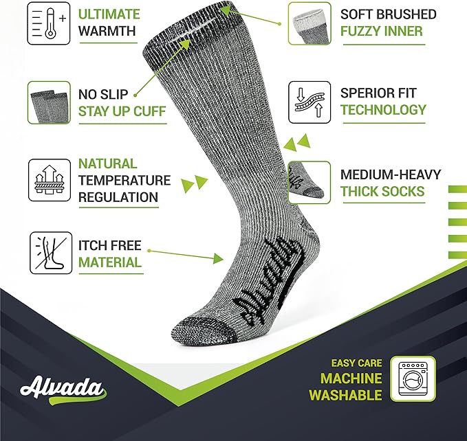 Alvada Merino Wool Hiking Socks Thermal Warm Crew Winter Boot Sock For Men & Women 3 Pairs