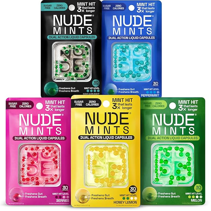 NUDE MINTS | Dual Action Liquid Capsules | Mouth Watering Mint - Lasts 3X Longer - 3X Stronger - Extreme Bad Breath Treatment For Adults - Sugar Free, 0 Calorie - Variety - 10 Pack - 300 Capsule