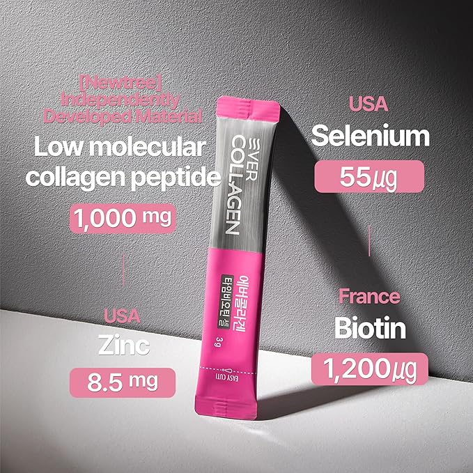 NEWTREE Biotin Cell Low Molecular Weight Marine Collagen Peptides Powder Packet, Protein Powder Supplement for Skin Hair Nail, Travel Packs - Taking Without Water, 30 Sticks