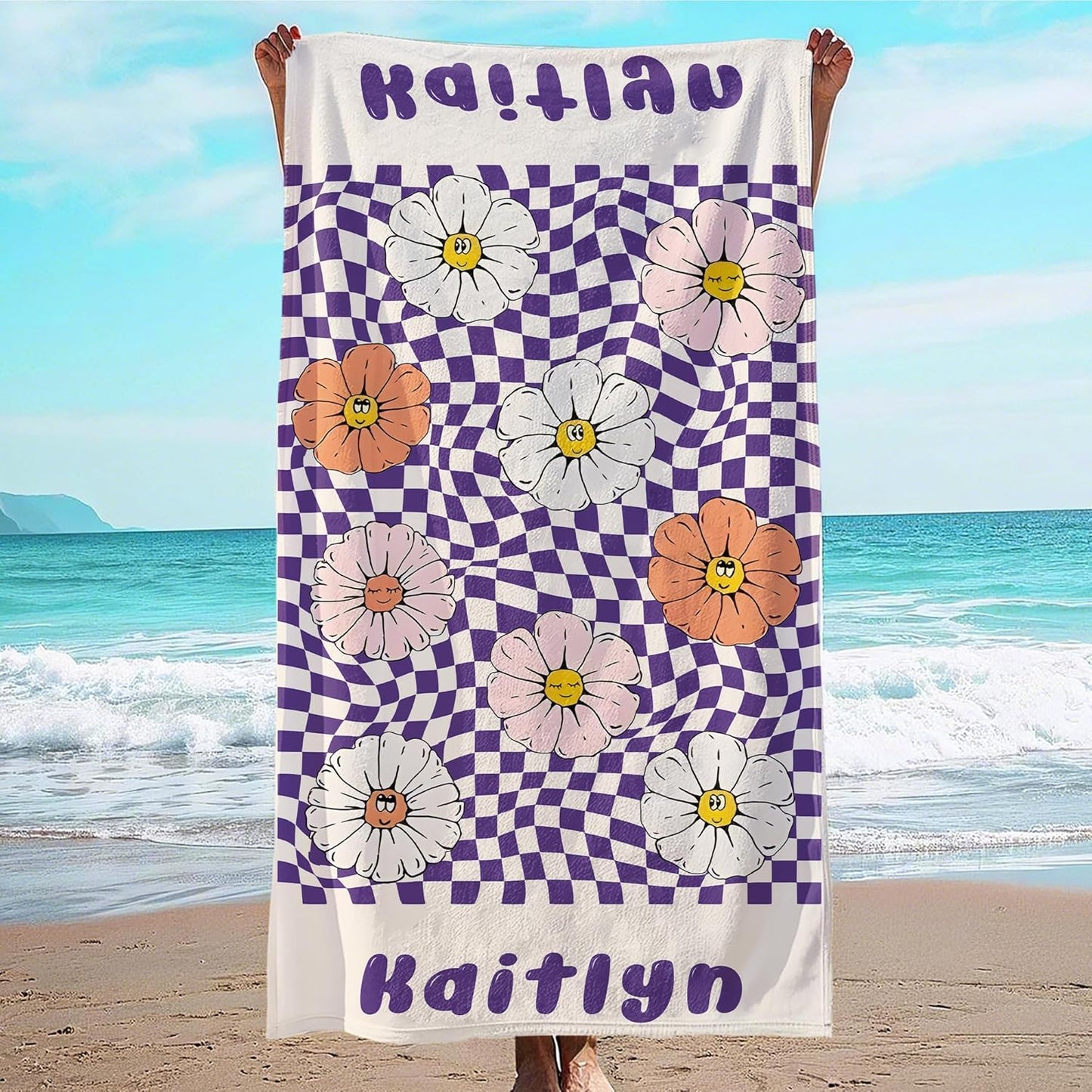 JML Personalized Beach Towel with Name, Custom Flower Beach Towel, Customized Microfiber Pool Towel, Quick Dry & Absorbent Swim Towel for Adult,Anniversary, Birthday, Summer Holiday,Vacation