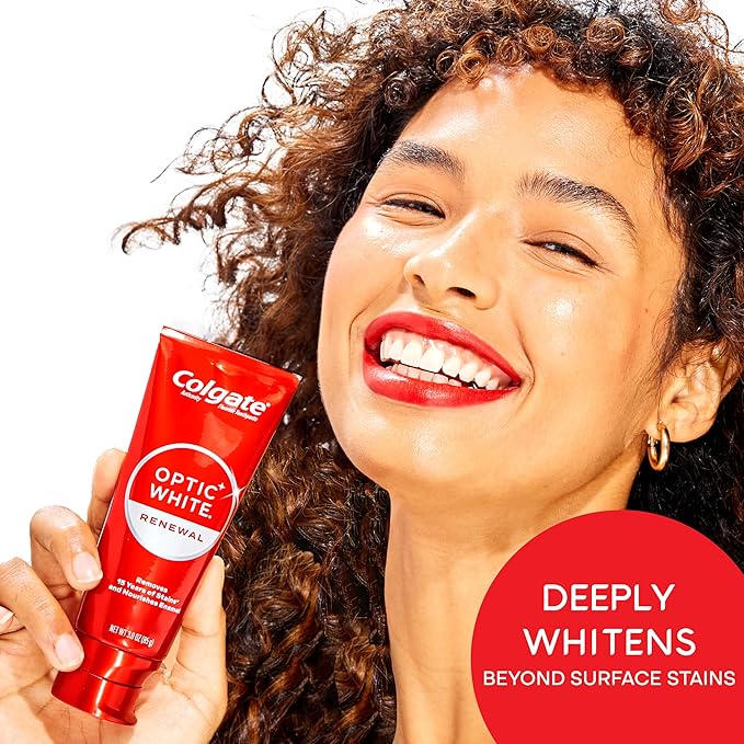 Colgate Optic White Renewal Teeth Whitening Toothpaste, Whitening Fluoride Toothpaste, Effectively Removes Tea, Coffee, and Wine Stains, Made with Hydrogen Peroxide, Brilliant Shine, 3.0 oz