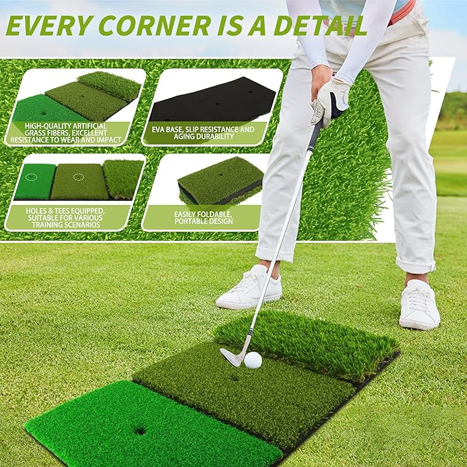 Jkwokback 3-in-1 Golf Hitting Mat | Turf Golf Practice Mat for Swing, Putting & Chipping | Portable Golf Mats Practice Indoor/Outdoor Golf Hitting Mat with 8 Tees Golf Training Mat