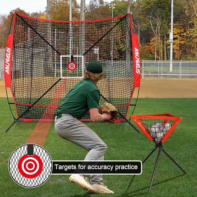 6'X6' Baseball Softball Practice Net with Batting Tee and Ball Caddy, Bonus Strike Zone Target and Bow Frame, for Hitting, Pitching, Catching