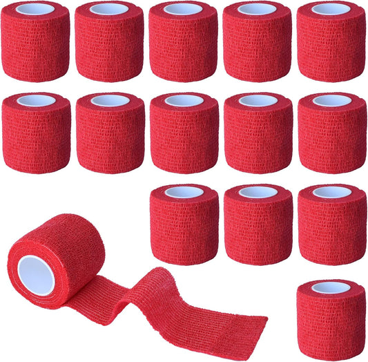 15 Pack Cohesive Wrap 2 Inch x 5 Yards Self Adherent Vet Tape for Pets, Elastic Self Adhesive Bandage Wrap for Sports, Finger, Wrist, Ankle (Red)