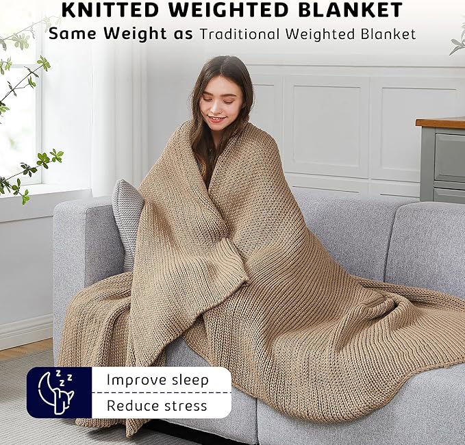 L'AGRATY Knitted Weighted Blanket - 48"x72" 12lbs Cooling Chunky Knit Heavy Blanket for Adults Braided Crochet Throw Thick Cable Yarn Knit Decorative No Beads Evenly Weighted Machine Washable