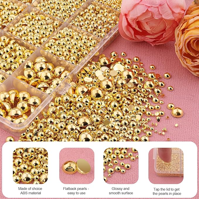 13500Pcs Flatback Pearls for Bedazzling (Gold) with B7000 Jewelry Glue, Assorted Size 2/3/4/5/6/8/10mm Half Pearl, Bedazzling Gems for Crafting Clothing Tumbler Shoes Embellishment Nail Art