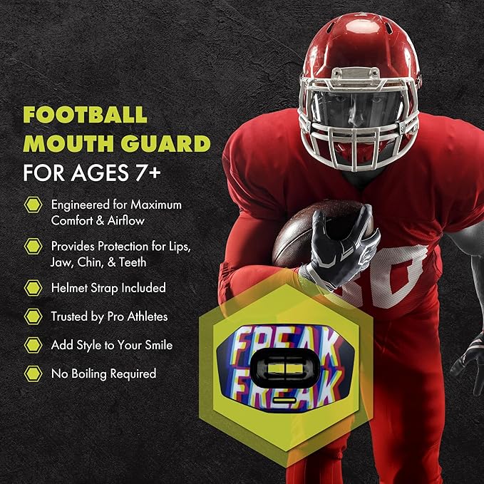 DAMAGE CONTROL Youth Football Mouth Guard – Breathable No Boil Mouthpiece, Protects Lips & Teeth, Works with Braces, Includes Helmet Strap – Sports Gear & Accessories (Freak)