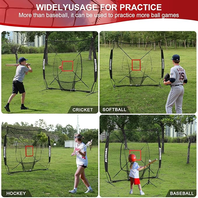 7'×7' Baseball Softball Practice Net,Baseball Backstop,with Batting Tee,Ball Caddy,for Hitting Pitching Batting Catching with Bow Frame,Bonus Strike Zone,Portable and Foldable