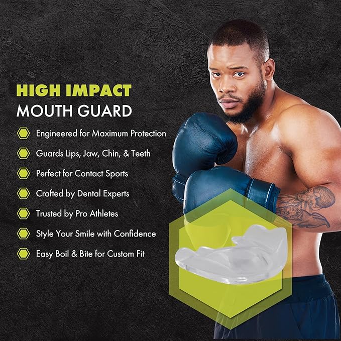 DAMAGE CONTROL High-Impact Mouth Guard – Sports Mouthguard for Boxing, Football, Hockey, Lacrosse & Basketball, Protects Teeth & Jaw, Protective Mouthpiece for Adults & Youth (Adult, Clear 2.0)