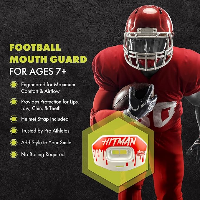 DAMAGE CONTROL Youth Football Mouth Guard – Breathable No Boil Mouthpiece, Protects Lips & Teeth, Works with Braces, Includes Helmet Strap – Sports Gear & Accessories (Hitman)