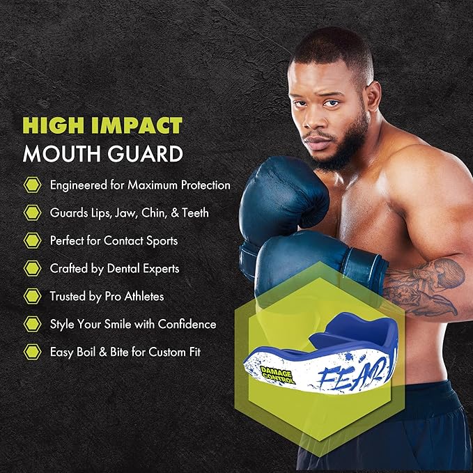 DAMAGE CONTROL High-Impact Mouth Guard – Sports Mouthguard for Boxing, Football, Hockey, Lacrosse & Basketball, Protects Teeth & Jaw, Protective Mouthpiece for Adults & Youth (Women, Fear None)
