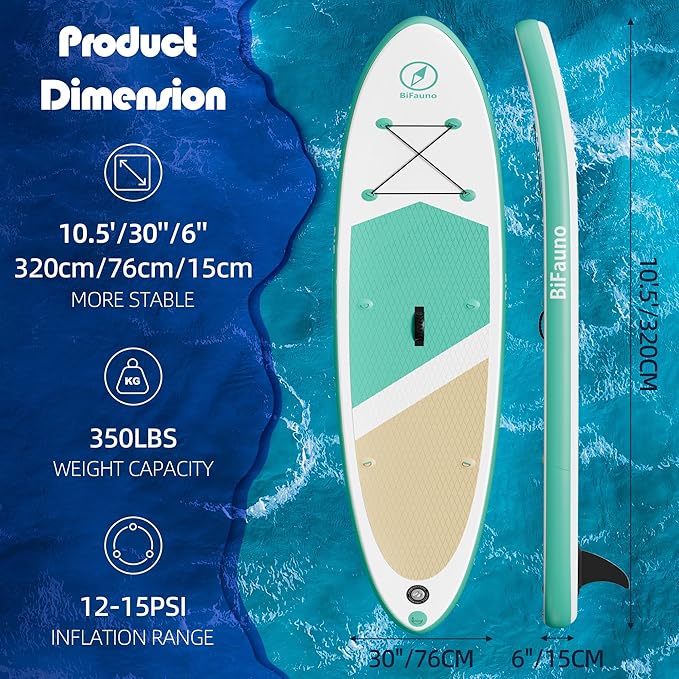 Inflatable Stand Up Paddle Board with SUP Accessories & Backpack. Paddle Boards for Adults. Non-Slip Deck, Wide Stance, Bottom Fin, Double Action Pump.