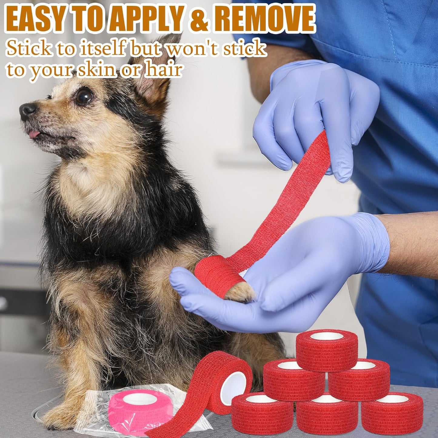 6 Pack 1 Inches Self Adhesive Bandage Wrap Breathable Cohesive Bandage Elastic Tape for Pets, Athletic, Sports, Wrist, Knee, Ankle(5 Yards Per Roll, Red)