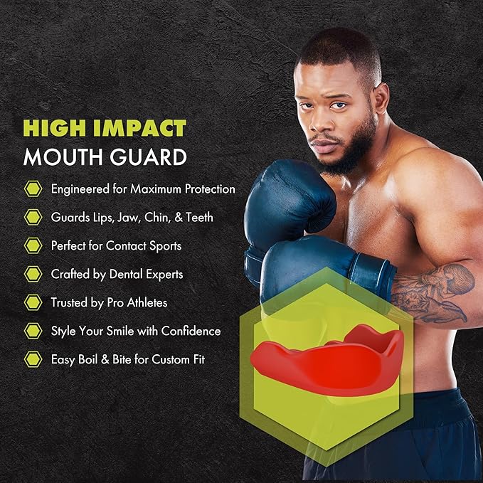 DAMAGE CONTROL High-Impact Mouth Guard – Sports Mouthguard for Boxing, Football, Hockey, Lacrosse & Basketball, Protects Teeth & Jaw, Protective Mouthpiece for Adults & Youth (Adult, Red)